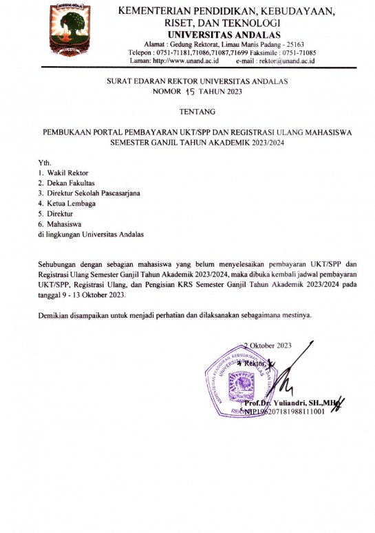 Surat Edaran Rektor Tentang "Pembukaan Portal Pembayaran UKT/SPP dan Registrasi Ulang Mahasiswa Semester Ganjil TA 2023/2024"