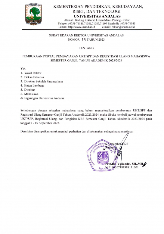 Surat Edaran Rektor Tentang "Pembukaan Portal Pembayaran UKT/SPP dan Registrasi Ulang Mahasiswa Semester Ganjil TA 2023/2024"