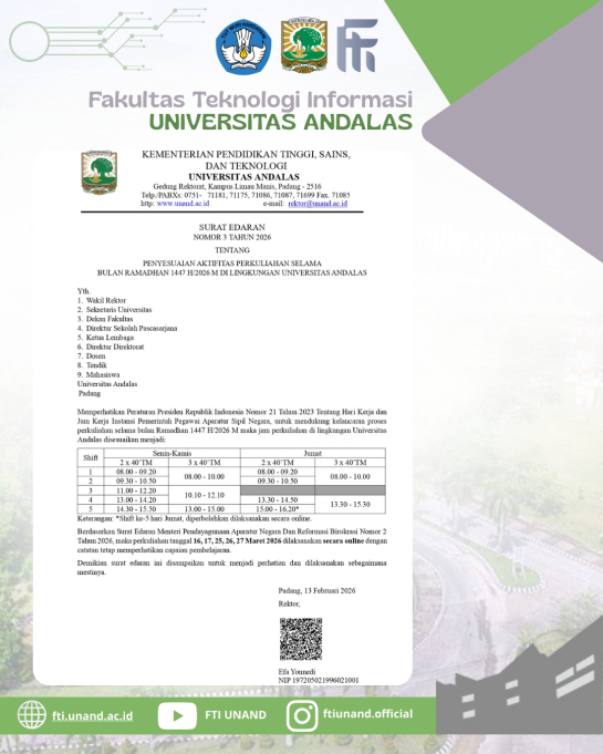 Edaran penyesuaian aktifitas perkuliahan selama bulan Ramadhan 1447 H/2026 M